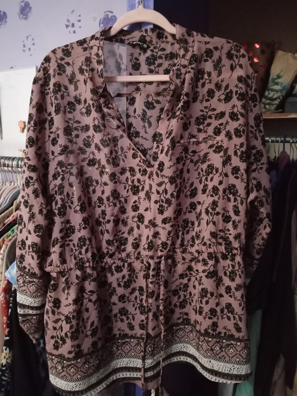 Indulge Tan And Black Floral V-Neck Drawstring Tunic